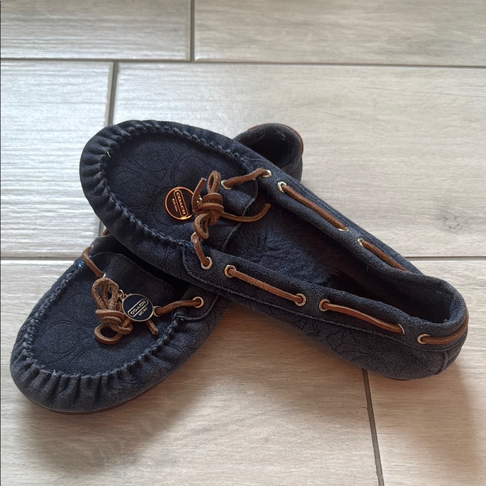 Coach Navy Moccasin Slippers with Brown Laces